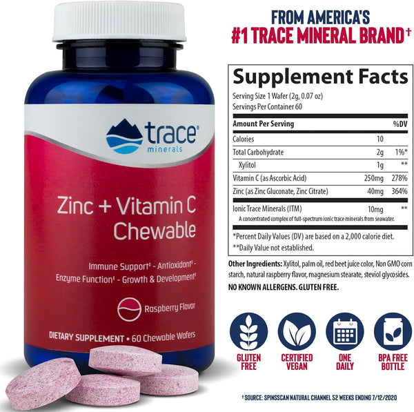 Trace Minerals, Zinc + Vitamin C Chewable, Raspberry, 60 Gummies