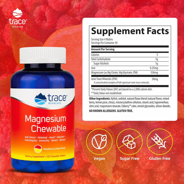 Trace Minerals, Magnesium Chewable, Raspberry Lemon, 120 Chewable Wafers