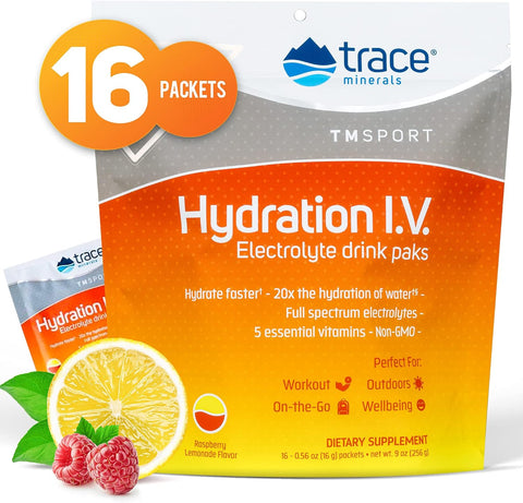 Trace Minerals, Hydration I.V. Electrolyte Drink Paks, Raspberry Lemonade, 16 Packets