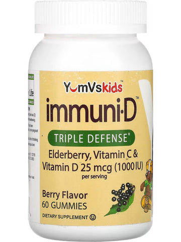 YumV's, Immuni-D Triple Defense Elderberry for Kids, Vitamin C and Vitamin D, 25 mcg (1000 IU), Berry, 60 Gummies