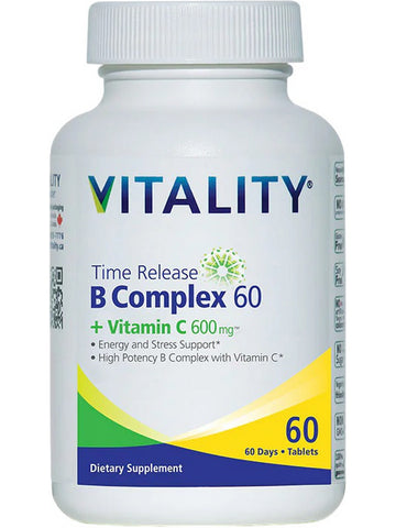 VITALITY, Time Release B Complex 60 + Vitamin C, 600 mg, 60 Tablets