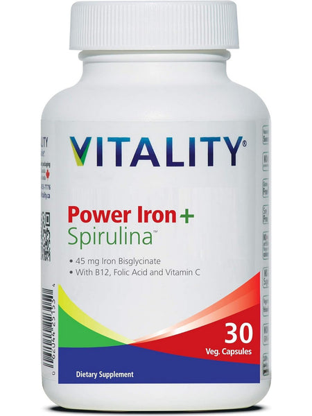 VITALITY, Power Iron + Spirulina, 45 mg, 30 Veg Capsules