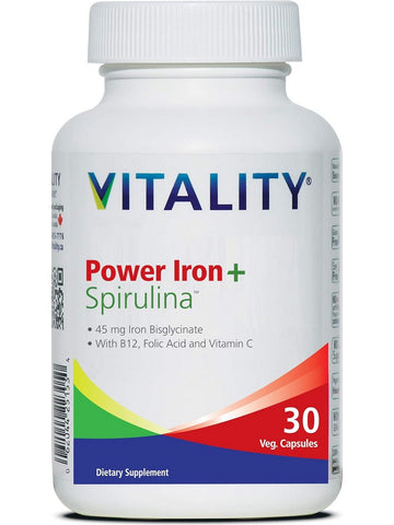 VITALITY, Power Iron + Spirulina, 45 mg, 30 Veg Capsules