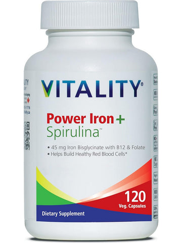 VITALITY, Power Iron + Spirulina, 45 mg, 120 Veg Capsules