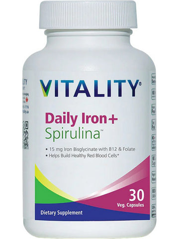 VITALITY, Daily Iron + Spirulina, 15 mg, 30 Veg Capsules