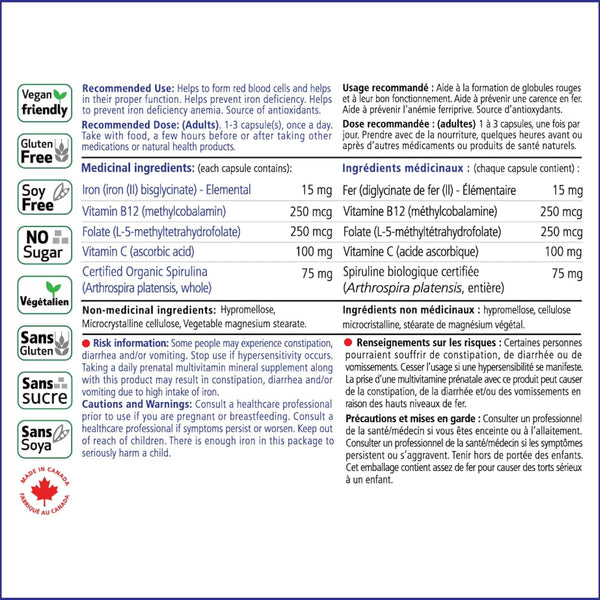 VITALITY, Daily Iron + Spirulina, 15 mg, 30 Veg Capsules