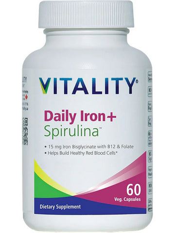 VITALITY, Daily Iron + Spirulina, 15 mg, 60 Veg Capsules