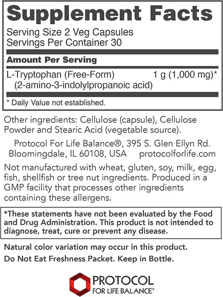 Protocol For Life Balance, L-Tryptophan, 500 mg, 60 Veg Capsules