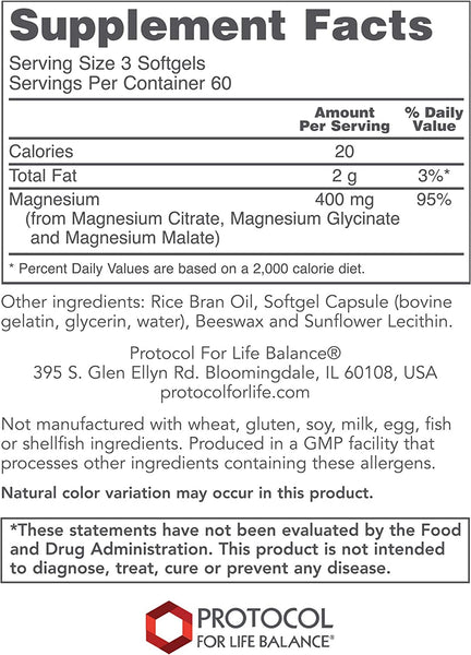 Protocol For Life Balance, Magnesium Citrate + Glycinate & Malate Forms, 180 Softgels